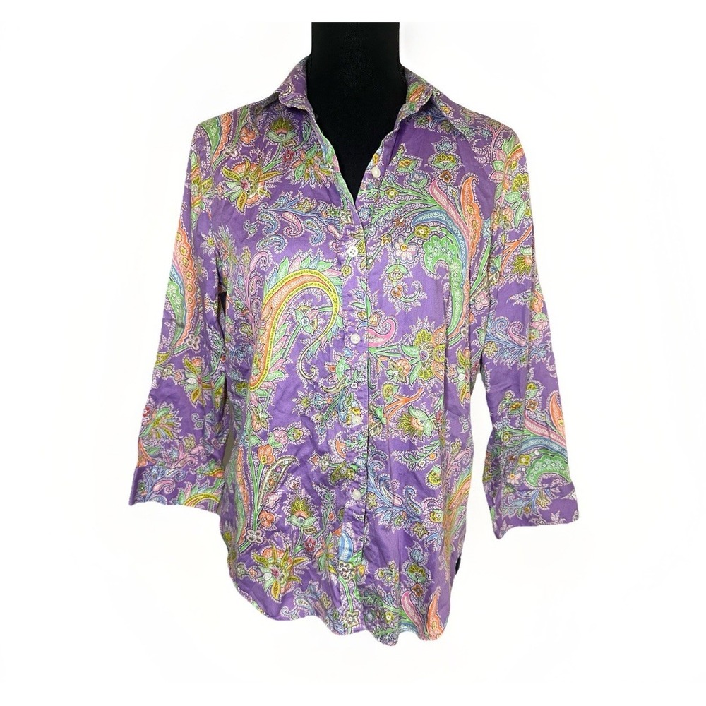 Lauren Ralph Lauren Women's‎ Purple Paisley Button Up Bright Blouse LARGE PETITE